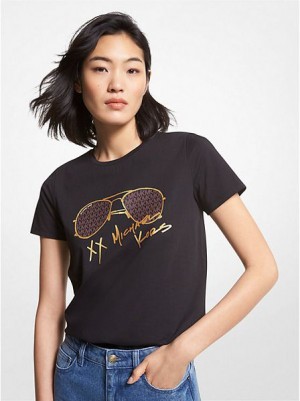 μπλουζακια γυναικεια Michael Kors Logo Aviator Print Organic βαμβακερα μαυρα | 705491-UTI