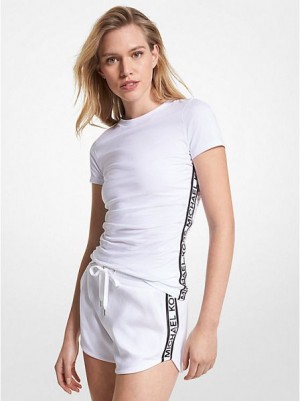 μπλουζακια γυναικεια Michael Kors Logo Tape Organic βαμβακερα Ruched ασπρα | 472135-ZPO