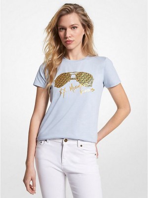 μπλουζακια γυναικεια Michael Kors Metallic Logo Aviator Print Organic βαμβακερα μπλε χρυσο χρωμα | 843107-JUA