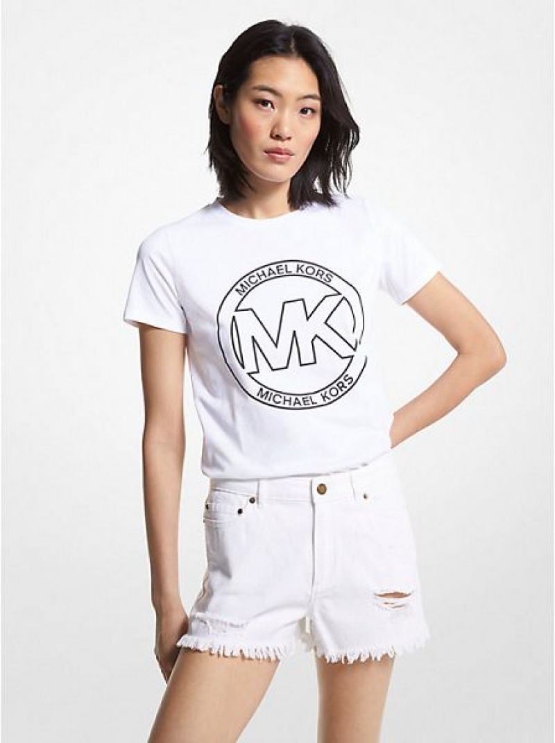 μπλουζακια γυναικεια Michael Kors Logo Charm Print Organic βαμβακερα ασπρα | 389026-TYV
